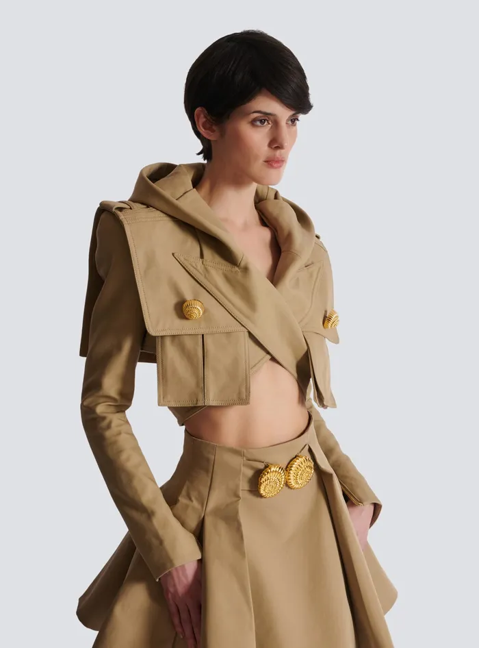 Balmain Cotton Cropped Hooded Jacket Beige Women Jackets And Blazers