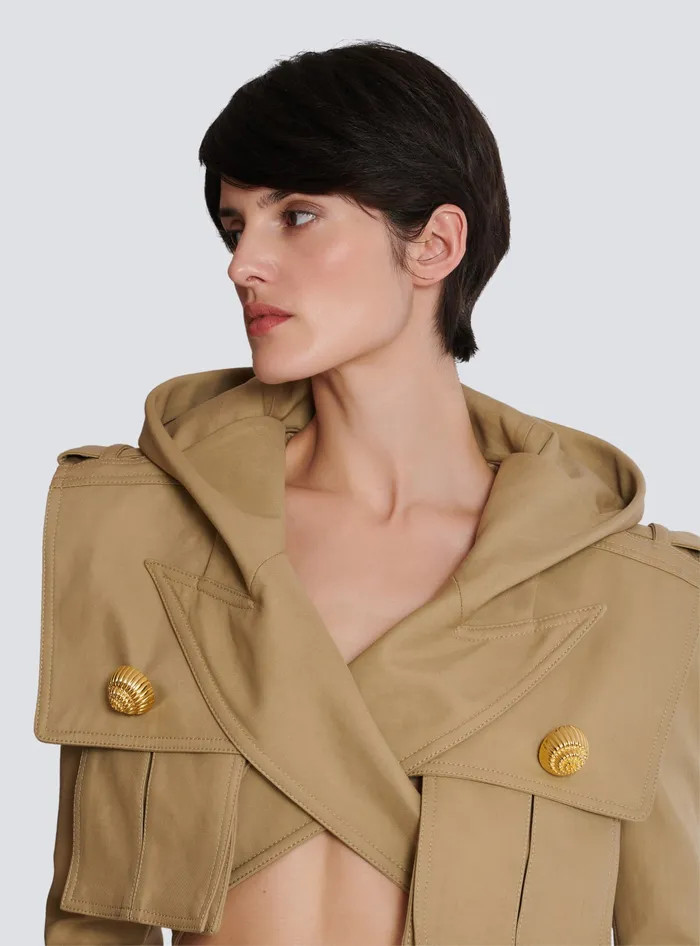 Balmain Cotton Cropped Hooded Jacket Beige Women Jackets And Blazers