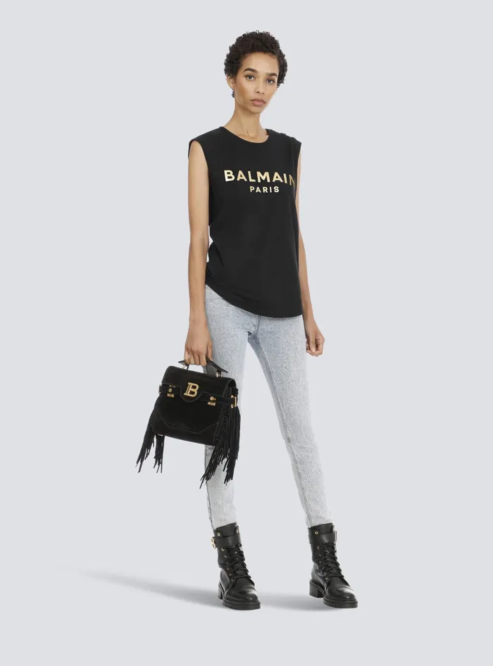 Balmain Cotton Tshirt With Logo Print Gold Women TShirts