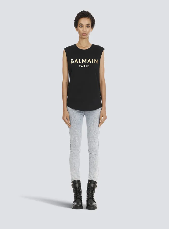 Balmain Cotton Tshirt With Logo Print Gold Women TShirts