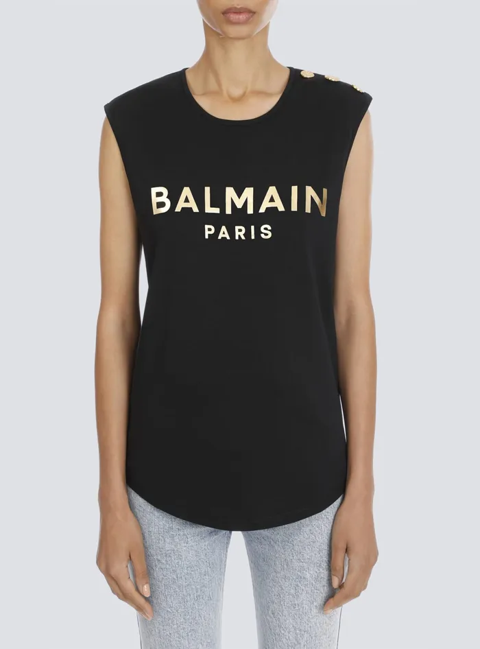 Balmain Cotton Tshirt With Logo Print Gold Women TShirts