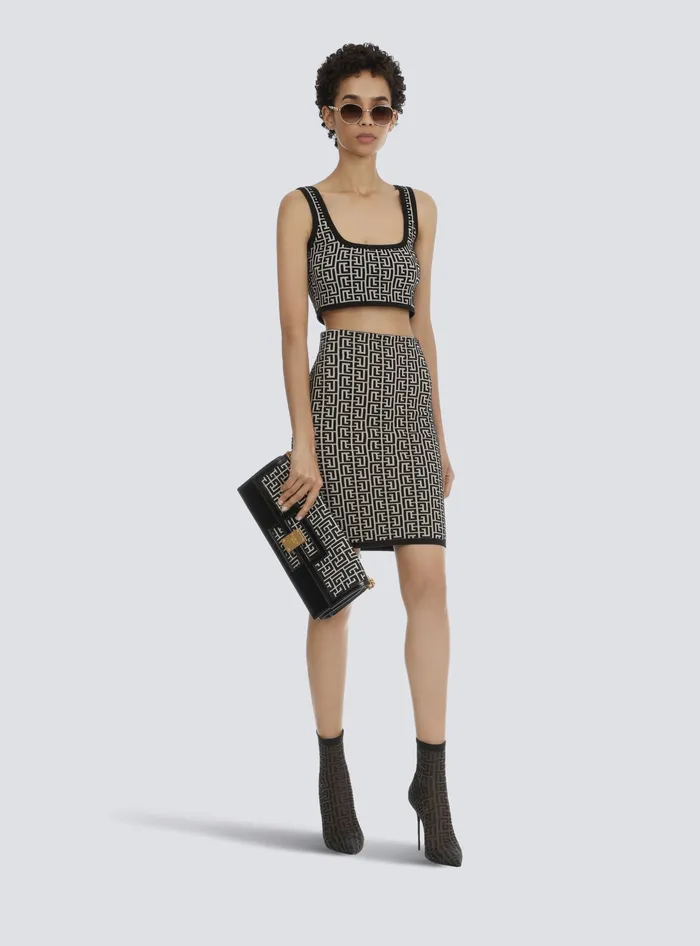 Balmain Cropped Bicolor Jacquard Sports Bra Top With Monogram Black Women Tops And Shirts