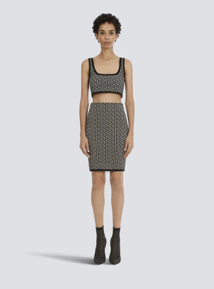 Balmain Cropped Bicolor Jacquard Sports Bra Top With Monogram Black Women Tops And Shirts