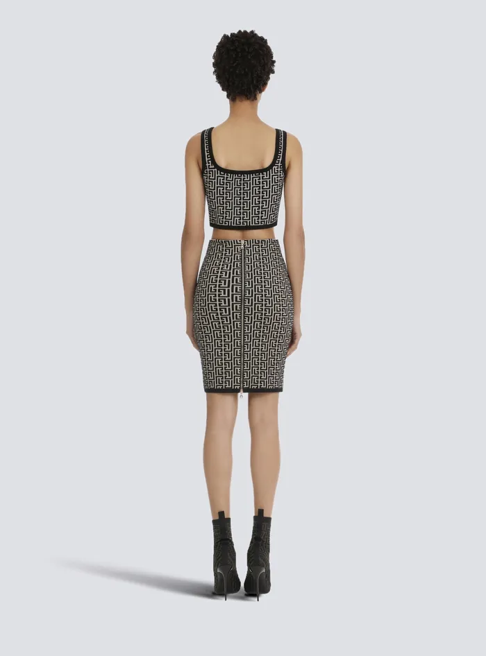 Balmain Cropped Bicolor Jacquard Sports Bra Top With Monogram Black Women Tops And Shirts