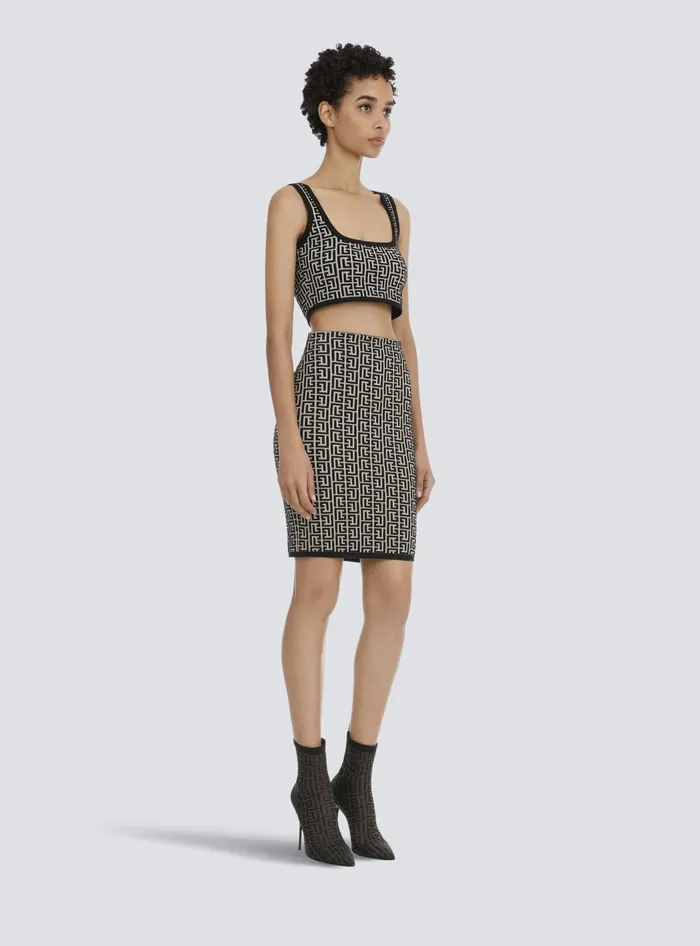 Balmain Cropped Bicolor Jacquard Sports Bra Top With Monogram Black Women Tops And Shirts