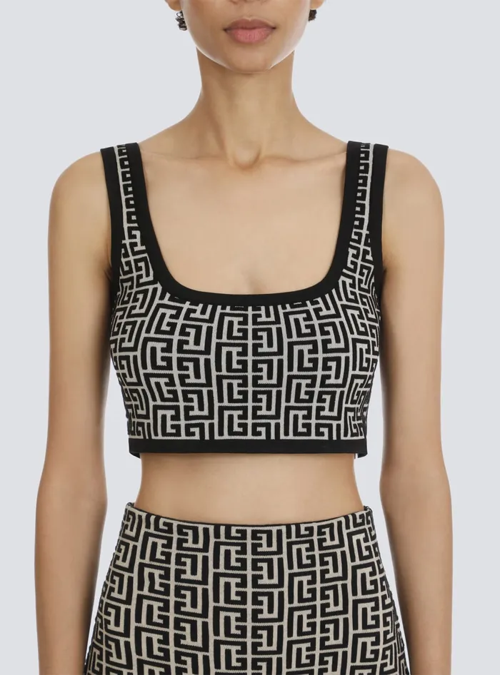 Balmain Cropped Bicolor Jacquard Sports Bra Top With Monogram Black Women Tops And Shirts