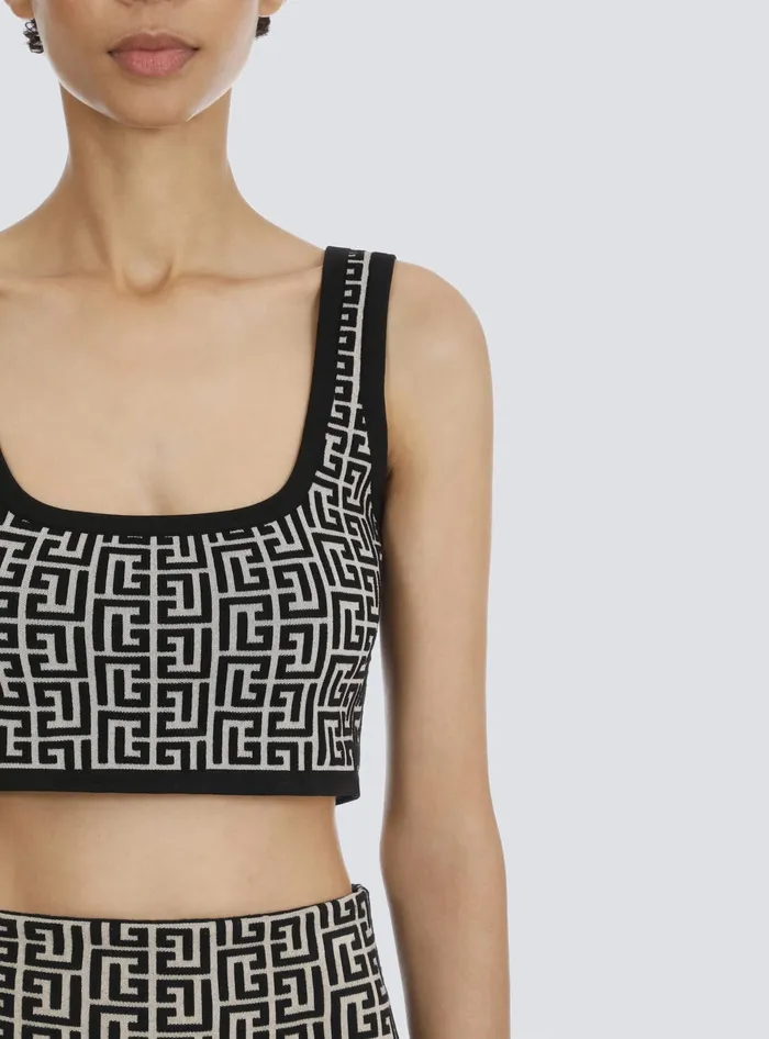 Balmain Cropped Bicolor Jacquard Sports Bra Top With Monogram Black Women Tops And Shirts