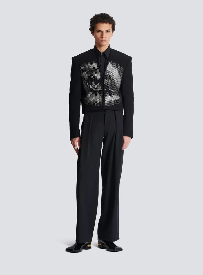 Balmain Cropped Crepe Jacket With Crystals In An Eye Motif Black Men Jackets And Blazers