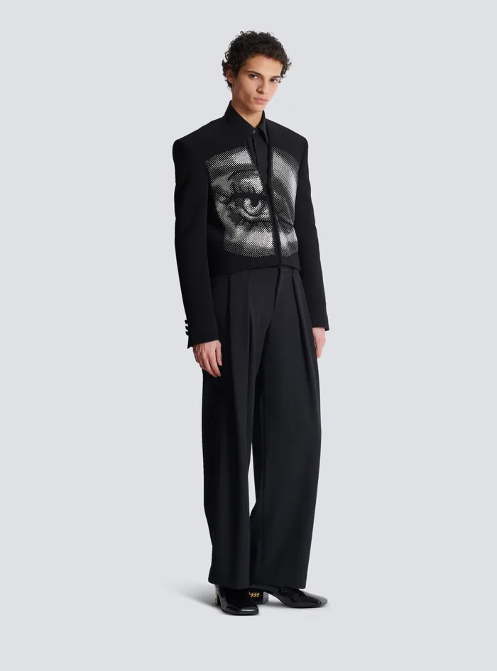 Balmain Cropped Crepe Jacket With Crystals In An Eye Motif Black Men Jackets And Blazers