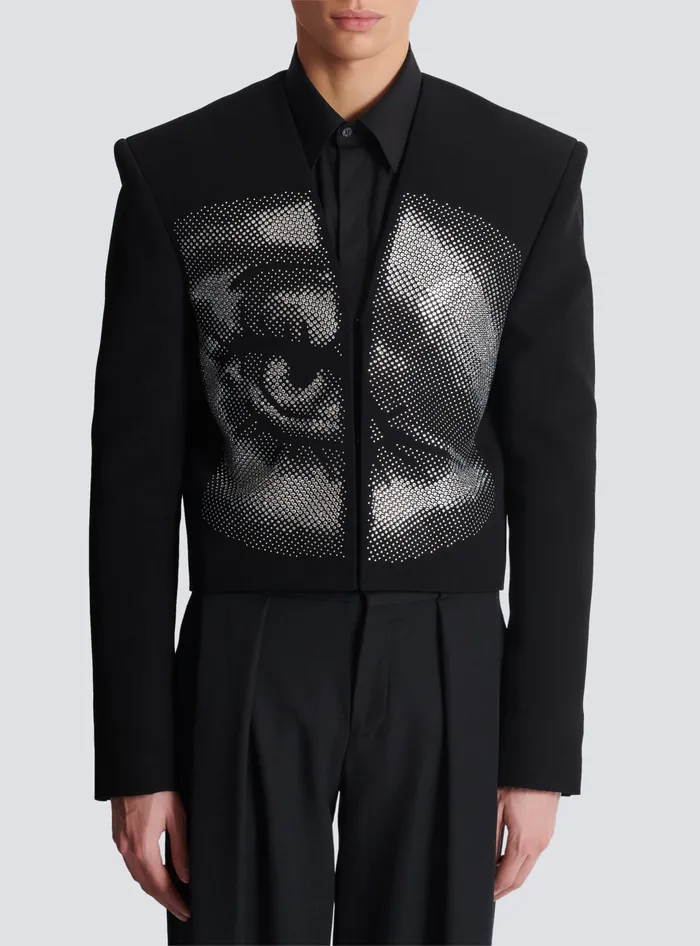 Balmain Cropped Crepe Jacket With Crystals In An Eye Motif Black Men Jackets And Blazers