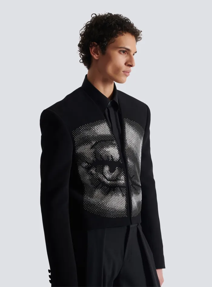 Balmain Cropped Crepe Jacket With Crystals In An Eye Motif Black Men Jackets And Blazers