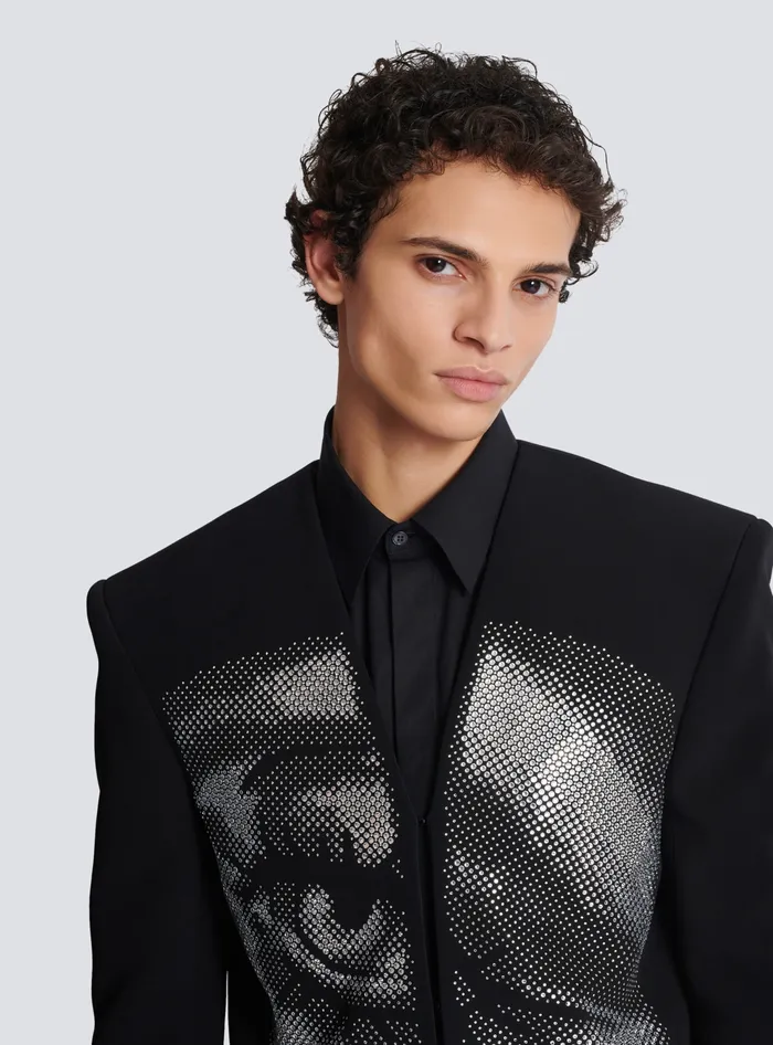 Balmain Cropped Crepe Jacket With Crystals In An Eye Motif Black Men Jackets And Blazers
