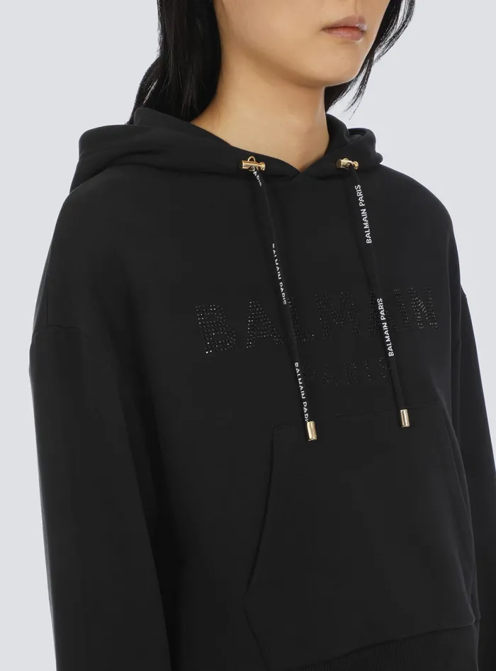 Balmain Cropped Ecodesigned Cotton Sweatshirt With Rhinestone Logo Black Women Sweatshirts