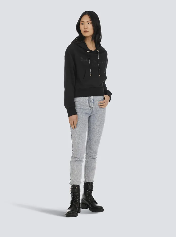 Balmain Cropped Ecodesigned Cotton Sweatshirt With Rhinestone Logo Black Women Sweatshirts