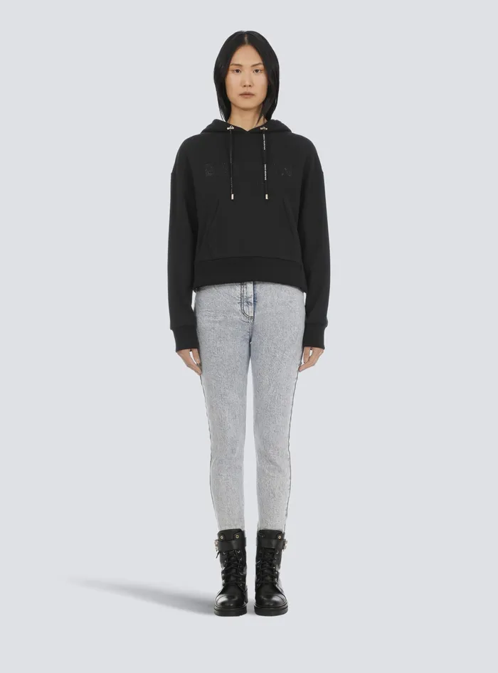 Balmain Cropped Ecodesigned Cotton Sweatshirt With Rhinestone Logo Black Women Sweatshirts