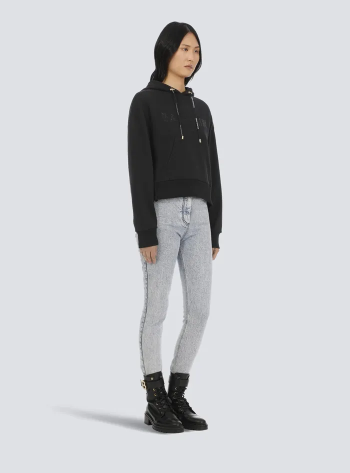 Balmain Cropped Ecodesigned Cotton Sweatshirt With Rhinestone Logo Black Women Sweatshirts