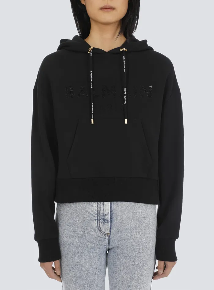 Balmain Cropped Ecodesigned Cotton Sweatshirt With Rhinestone Logo Black Women Sweatshirts