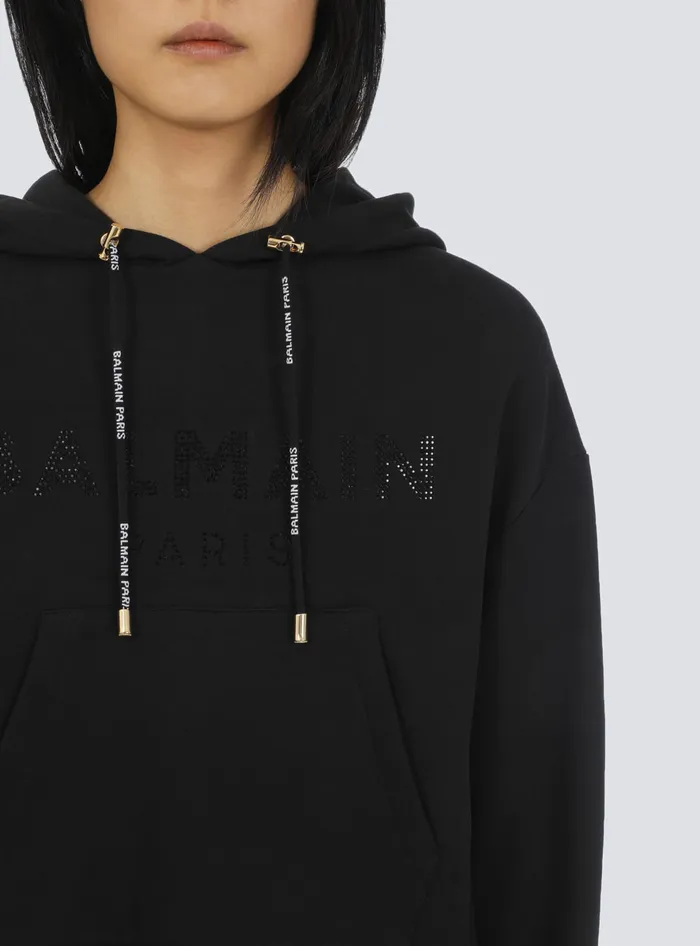 Balmain Cropped Ecodesigned Cotton Sweatshirt With Rhinestone Logo Black Women Sweatshirts