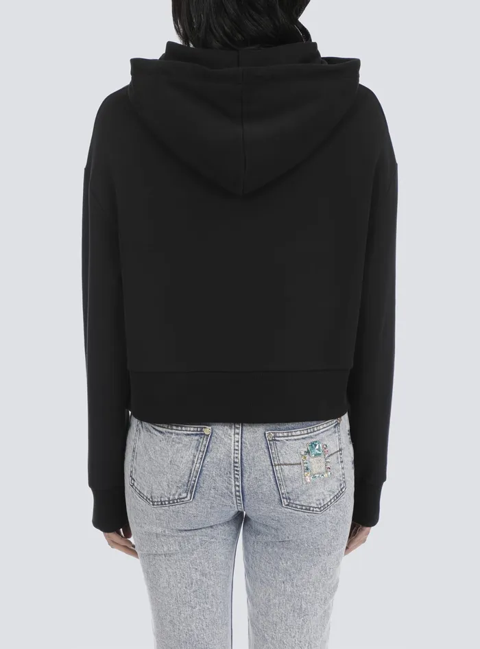 Balmain Cropped Ecodesigned Cotton Sweatshirt With Rhinestone Logo Black Women Sweatshirts