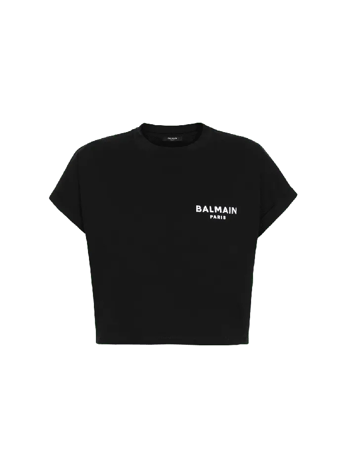 Balmain Cropped Ecodesigned Cotton Tshirt With Small Flocked Logo Black Women TShirts Balmain Cropped Ecodesigned Cotton Tshirt With Small Flocked Logo Black Women TShirts