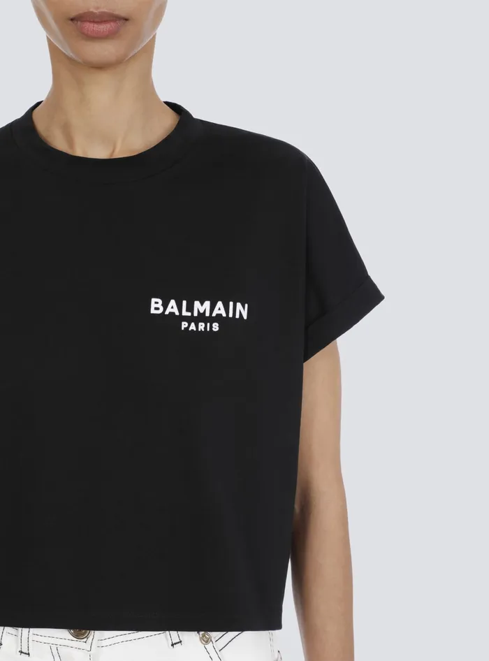 Balmain Cropped Ecodesigned Cotton Tshirt With Small Flocked Logo Black Women TShirts