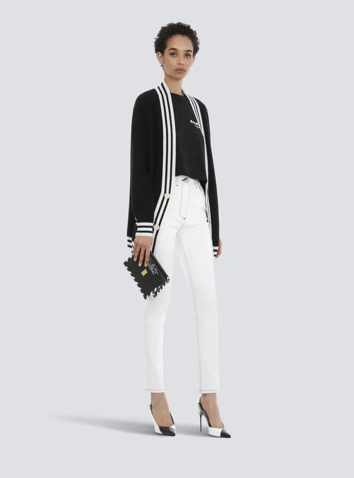 Balmain Cropped Ecodesigned Cotton Tshirt With Small Flocked Logo Black Women TShirts