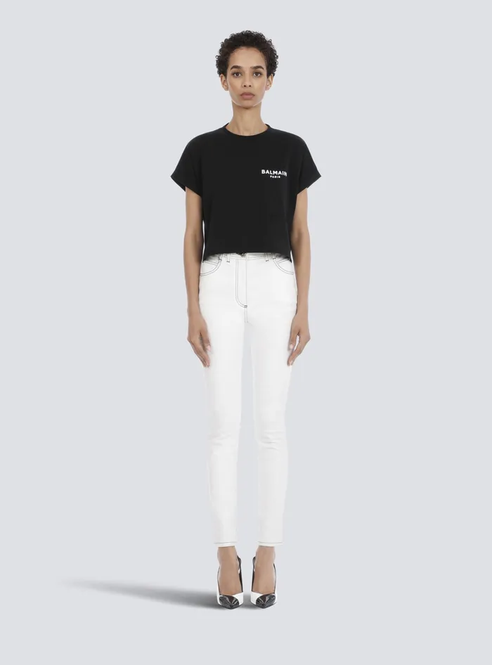Balmain Cropped Ecodesigned Cotton Tshirt With Small Flocked Logo Black Women TShirts