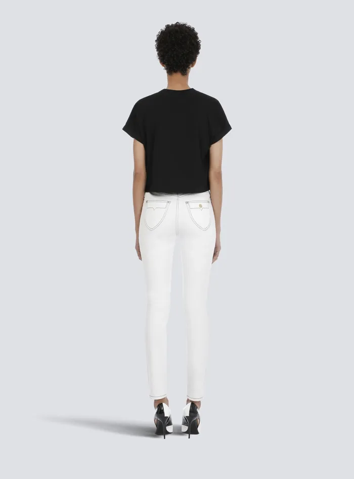 Balmain Cropped Ecodesigned Cotton Tshirt With Small Flocked Logo Black Women TShirts