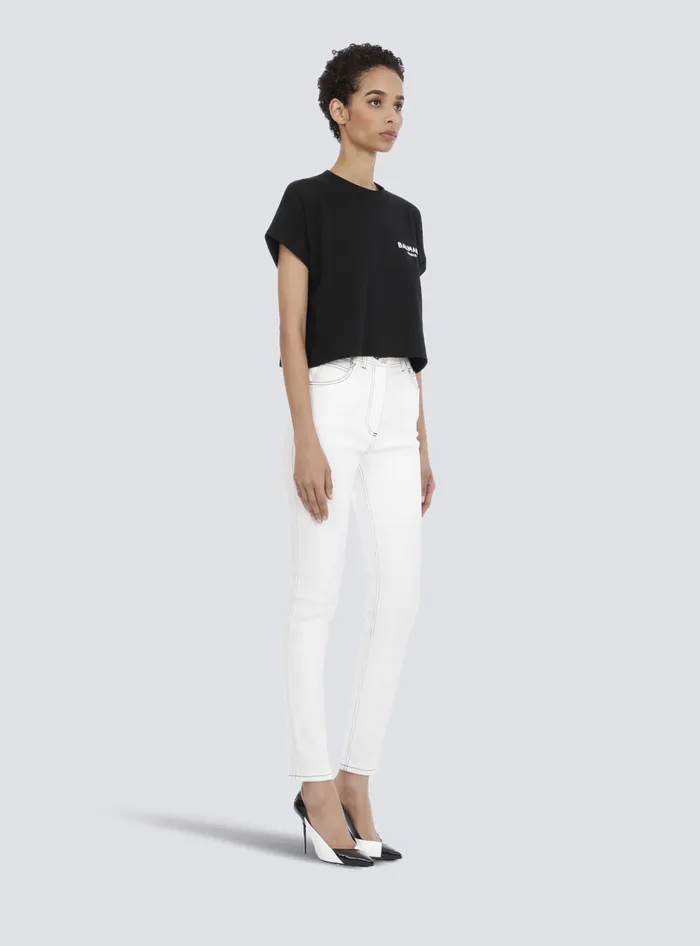 Balmain Cropped Ecodesigned Cotton Tshirt With Small Flocked Logo Black Women TShirts