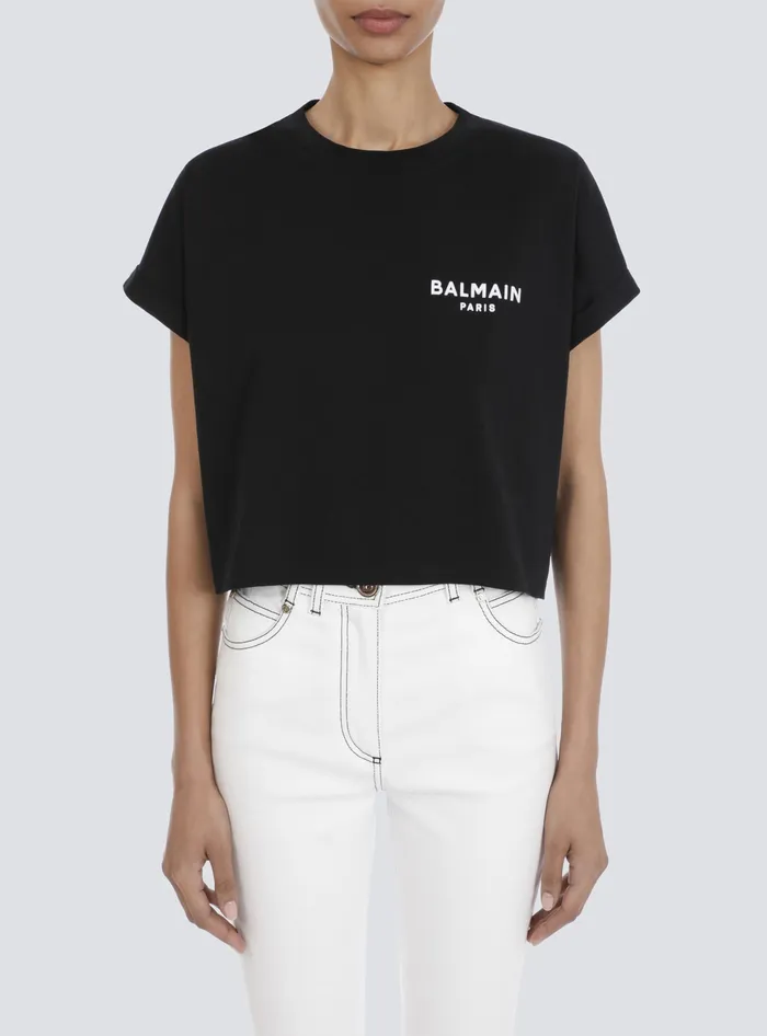 Balmain Cropped Ecodesigned Cotton Tshirt With Small Flocked Logo Black Women TShirts
