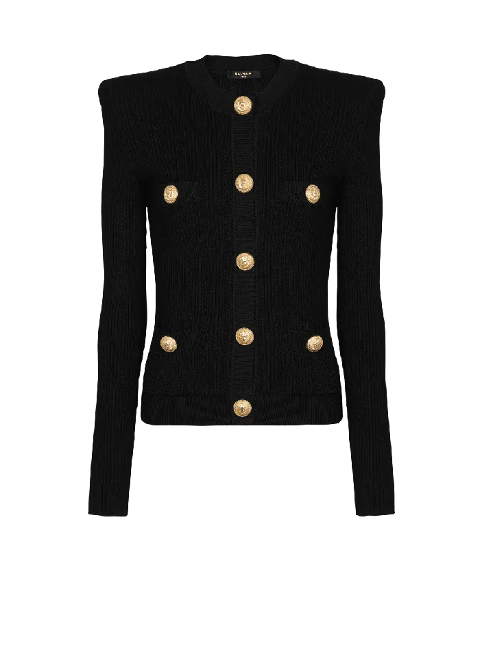 Balmain Cropped Ecodesigned Knit Cardigan With Goldtone Buttons Black Women Knitwear