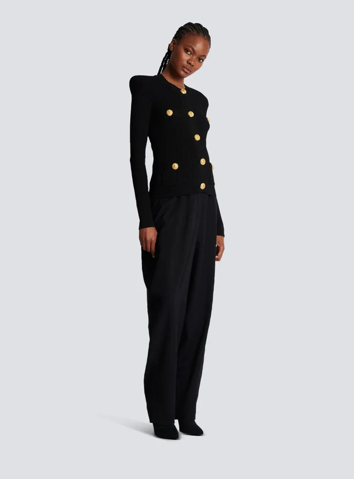 Balmain Cropped Ecodesigned Knit Cardigan With Goldtone Buttons Black Women Knitwear