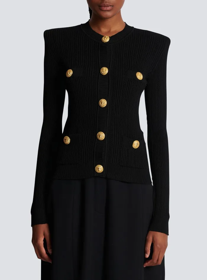 Balmain Cropped Ecodesigned Knit Cardigan With Goldtone Buttons Black Women Knitwear