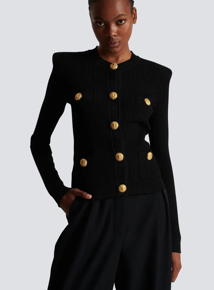 Balmain Cropped Ecodesigned Knit Cardigan With Goldtone Buttons Black Women Knitwear