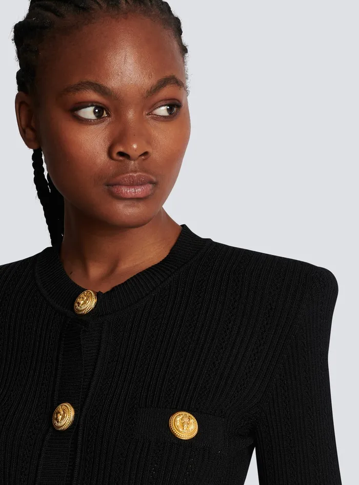 Balmain Cropped Ecodesigned Knit Cardigan With Goldtone Buttons Black Women Knitwear