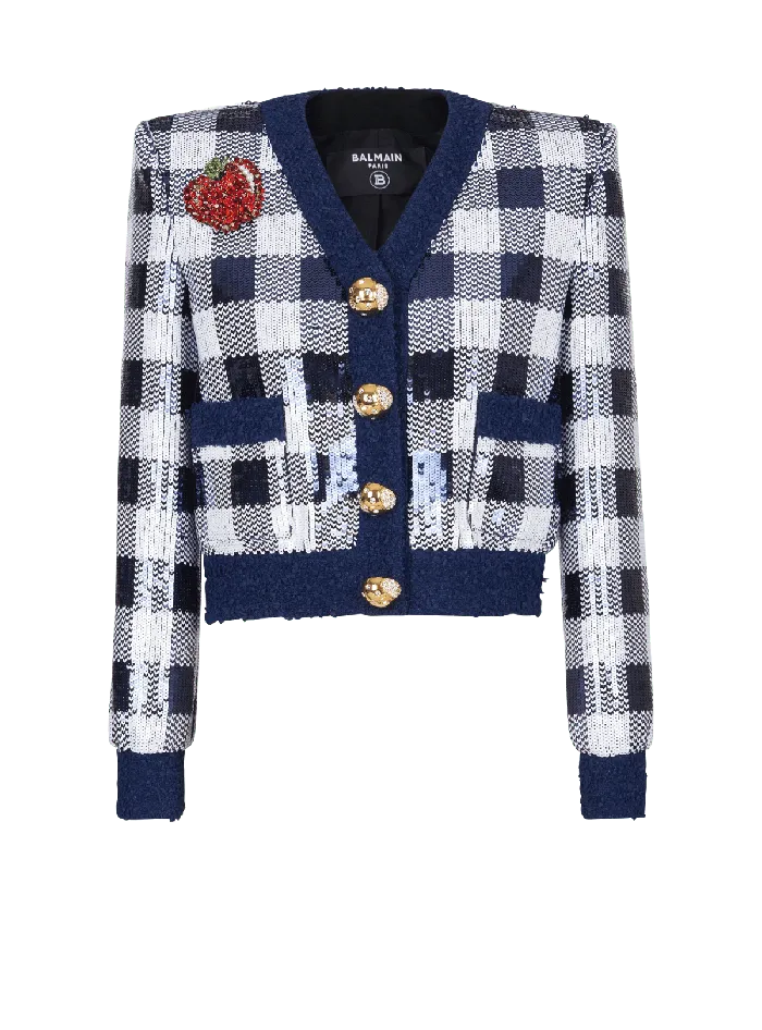 Balmain Cropped Jacket In Gingham Sequins Navy Women Jackets And Blazers