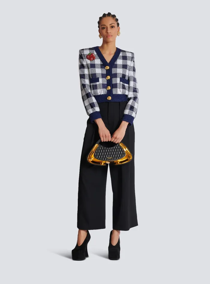 Balmain Cropped Jacket In Gingham Sequins Navy Women Jackets And Blazers