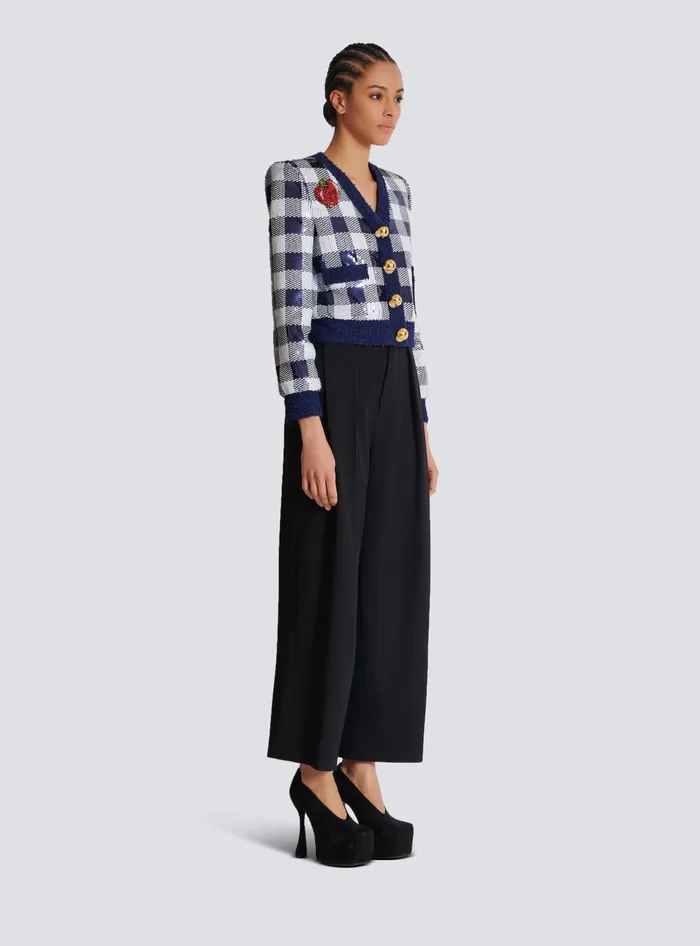 Balmain Cropped Jacket In Gingham Sequins Navy Women Jackets And Blazers