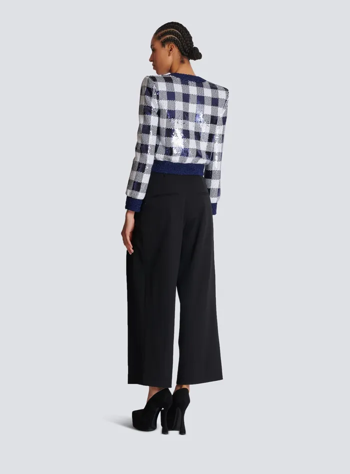Balmain Cropped Jacket In Gingham Sequins Navy Women Jackets And Blazers