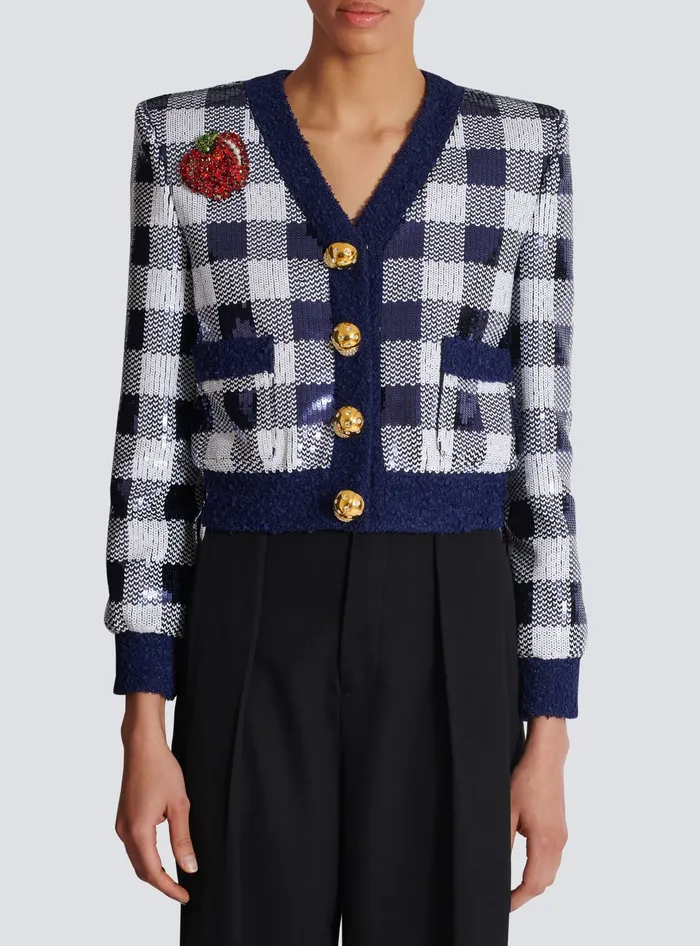 Balmain Cropped Jacket In Gingham Sequins Navy Women Jackets And Blazers