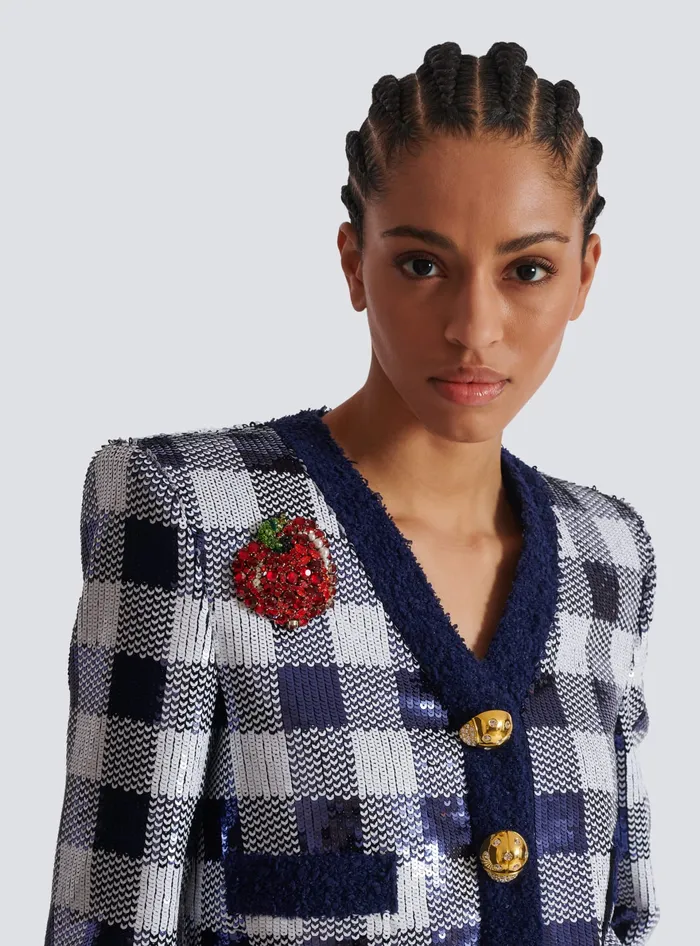 Balmain Cropped Jacket In Gingham Sequins Navy Women Jackets And Blazers