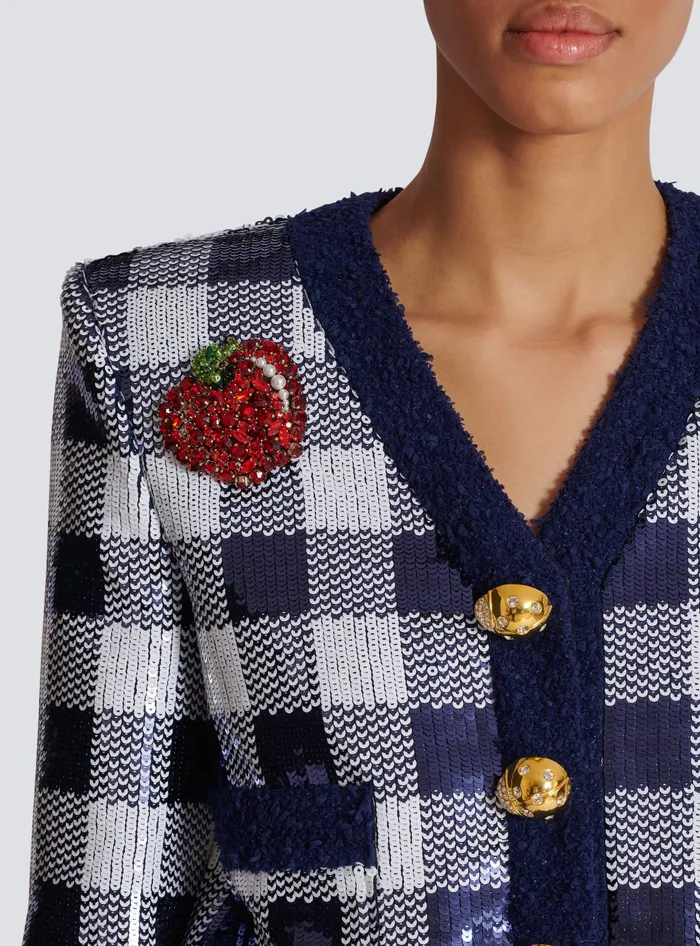Balmain Cropped Jacket In Gingham Sequins Navy Women Jackets And Blazers