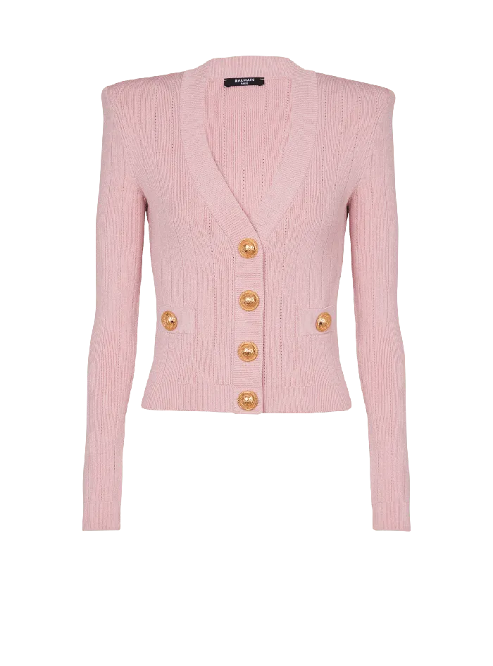 Balmain Cropped Knit Cardigan Pink Women Knitwear
