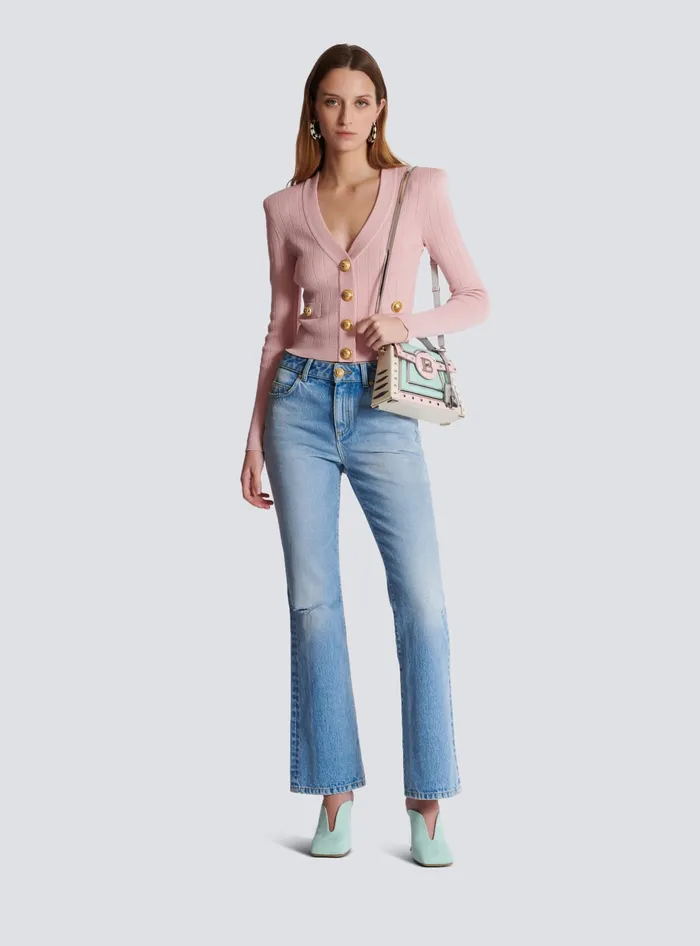Balmain Cropped Knit Cardigan Pink Women Knitwear