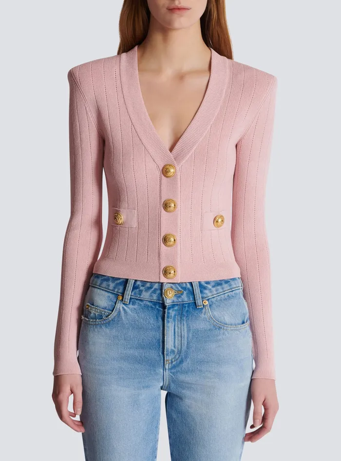 Balmain Cropped Knit Cardigan Pink Women Knitwear