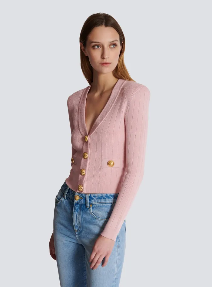 Balmain Cropped Knit Cardigan Pink Women Knitwear