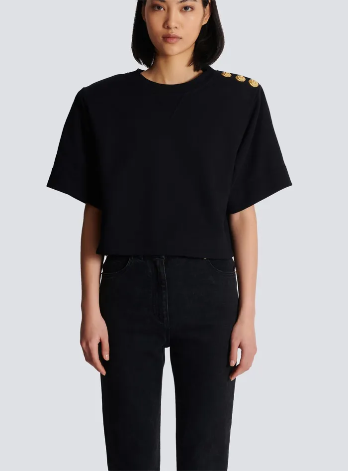 Balmain Cropped Sweatshirt With Buttons Black Women Sweatshirts