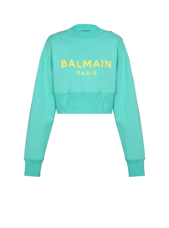 Balmain Cropped Sweatshirt With Paris Print Blue Women Sweatshirts