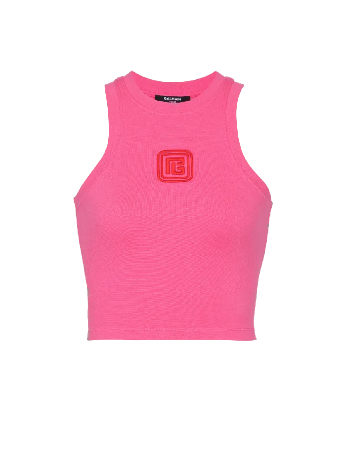 Balmain Cropped Tank Top With Retro PB Embroidery Pink Women TShirts
