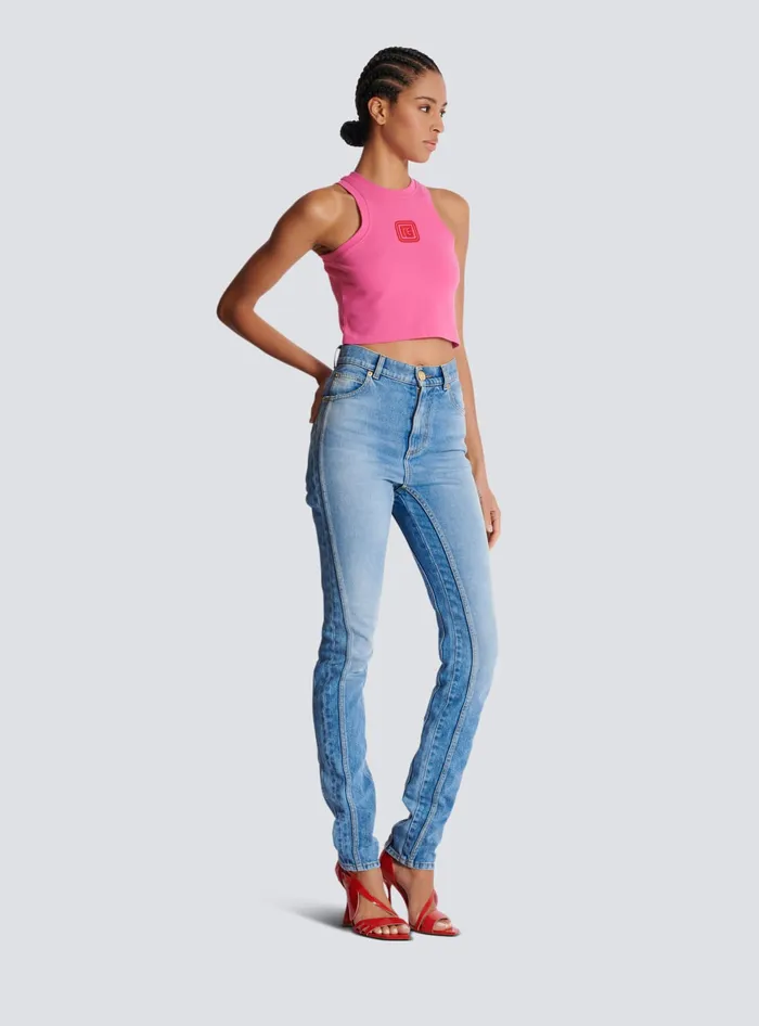 Balmain Cropped Tank Top With Retro PB Embroidery Pink Women TShirts